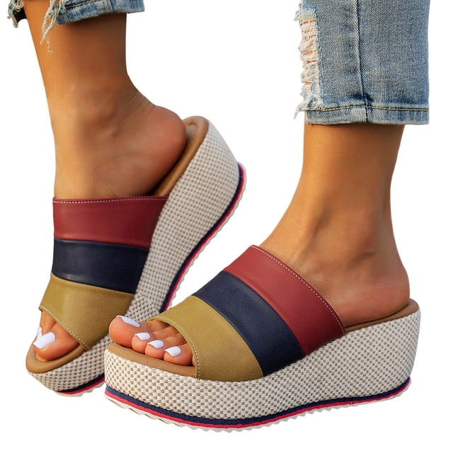 Sandales à Plateforme à Enfiler pour Femmes, Élégantes, à Blocs de Couleur, Compensées Tressées, Bout Ouvert, Sans Talon, Pantoufles Habillées, Rouges, Taille 6