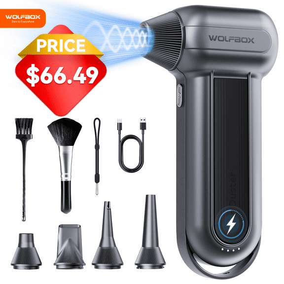 WolfBox 150000RPM Handheld Cordless Car Vacuum Cleaner,Compressed Air Duster Rechargeable Long Life Extra Powerful Electric Blower for Car&PC,Black