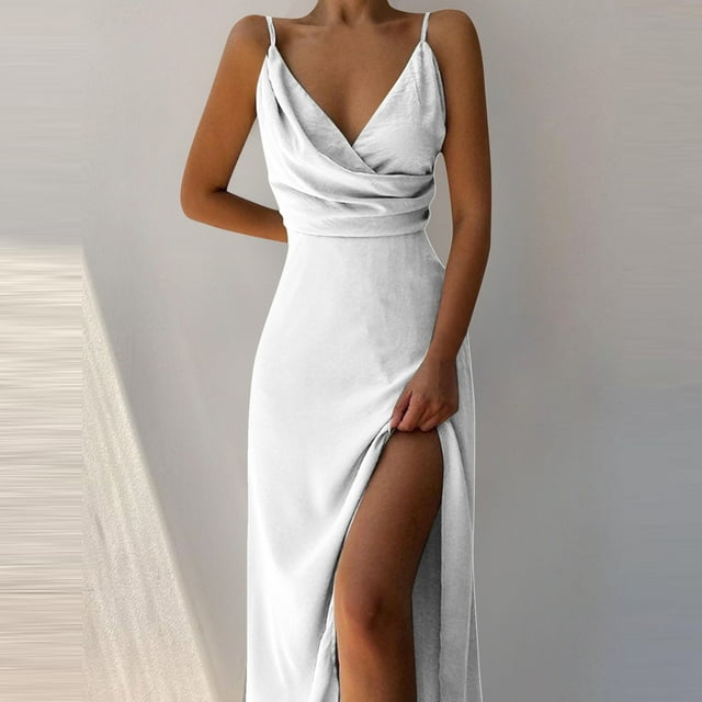 TIMIFIS Robes d'Été pour Femmes Sans Manches Couleur Unie Col en V Bretelles Robes d'Invité de Mariage - Printemps/été
