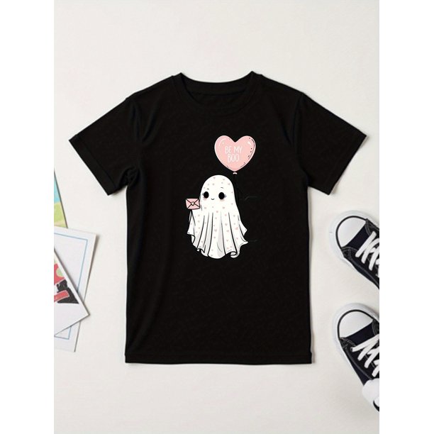 Youngsters' Halloween Graphic T-Shirt - "Be My Boo" Cute Ghost with Heart Balloon Design, Casual Summer Playwear, Halloween Shirts for Girls, Playful Youngsters'S Design, Comfortable Fit
