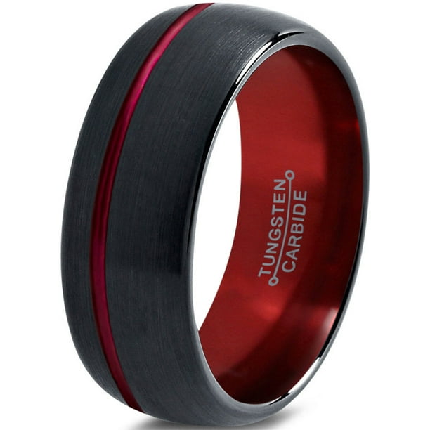 Tungsten Wedding Band Ring 8mm for Men Women Red Black Domed Brushed Polished Offset Line Lifetime Guarantee