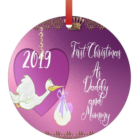 First Christmas as Daddy and Mommy 2019 Double Sided Round Shaped Flat Aluminum Glossy Christmas Ornament Tree Decoration - Unique Modern Novelty Tree Décor (2019 Best Christmas Decorations)