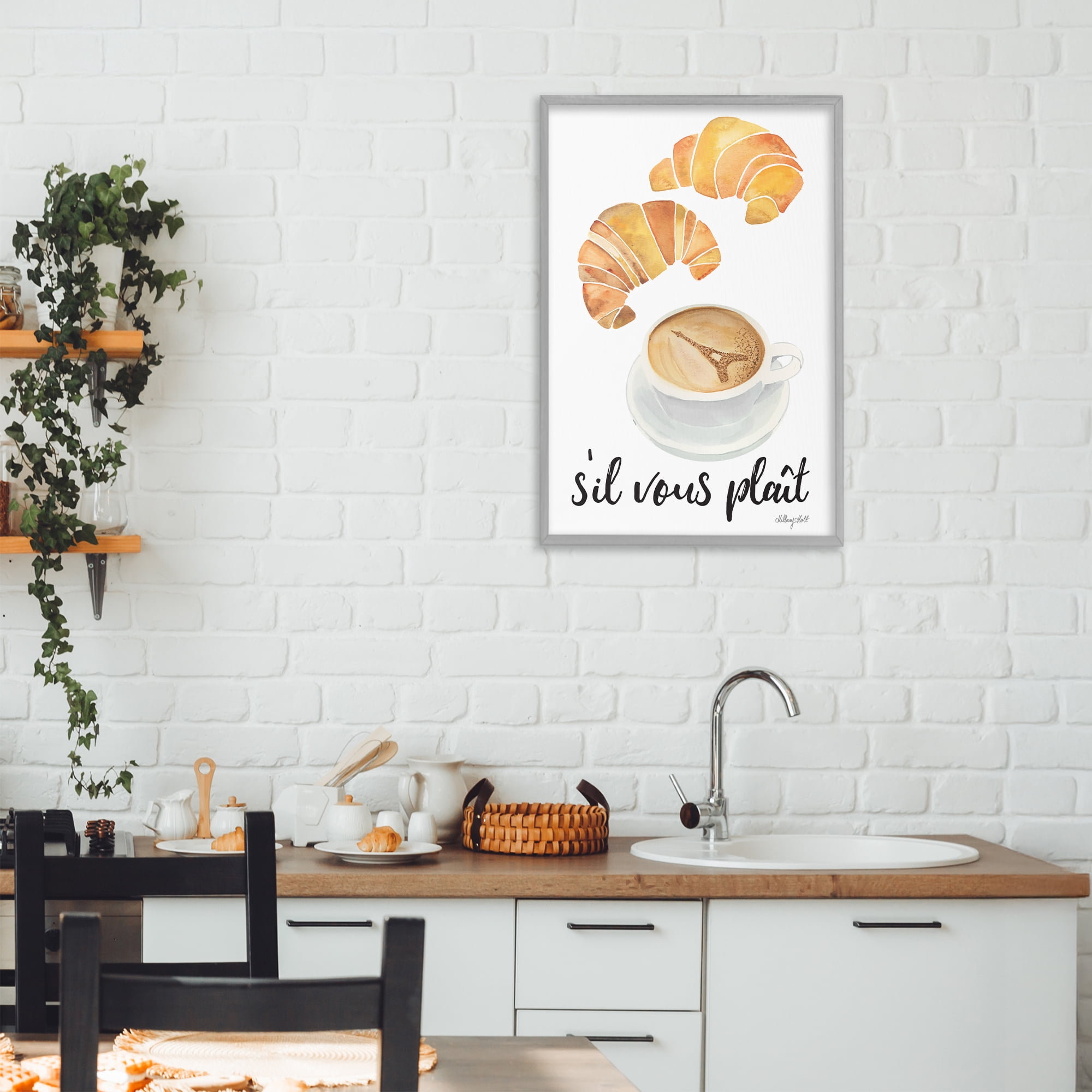 Stupell Industries Paris Croissant and Coffee Gray Framed Giclee Art, design by Hillary Holt