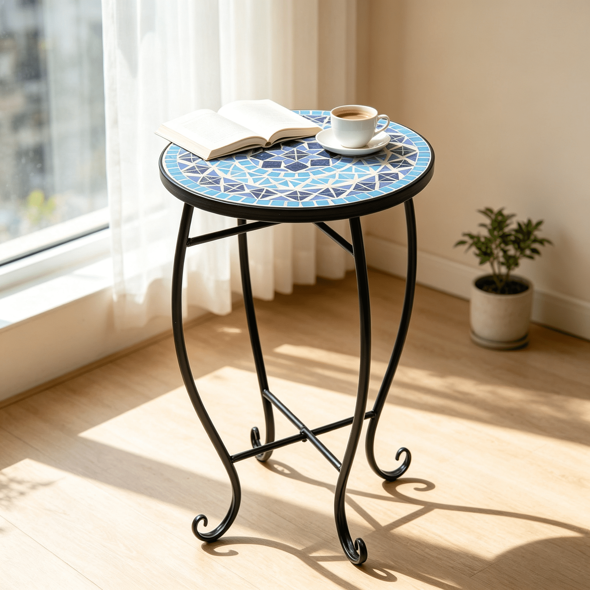 Round Terrace Bistro Table, Artisasset Inlaid With Diamond-Colored Sea Mosaics