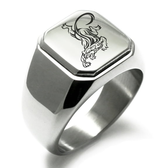 Tioneer Stainless Steel Striking Tiger Engraved Square Flat Top Biker Style Polished Ring