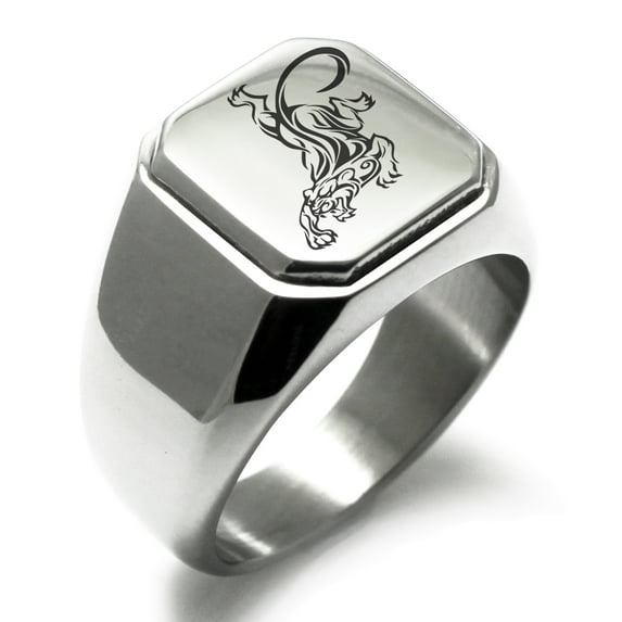 Stainless Steel Striking Tiger Engraved Square Flat Top Biker Style Polished Ring