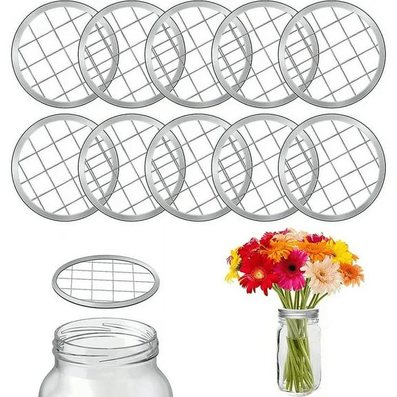 Clearance! Haidf 10Pcs Mason Jar Flower Frog Lids, Metal Flower Organizer Frog Lid Insert with Square Grids, Flower Glass Bottle Covers Grid Lids for Regular Mouth Mason Canning Jars, 2.7 Inch