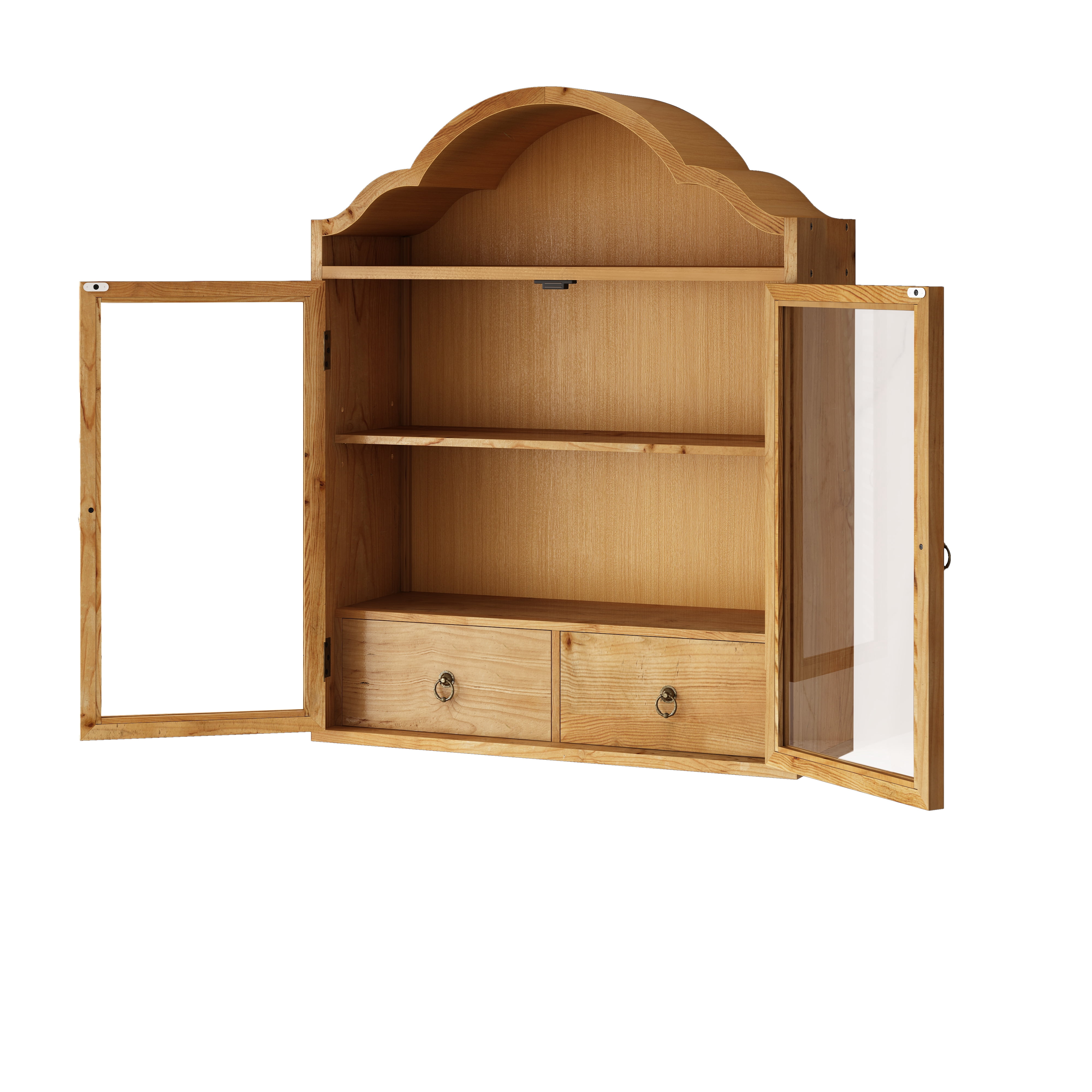 Wall Cabinet with Elegant Wave Top and Solid Wood Frame, Rustic Vintage Wall Cabinet and Storage Shelf for Dining Room Kitchen Bathroom, Natural