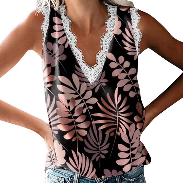 DPTALR Women's V-Neck Sleeveless Lace Cuff Printing Tops
