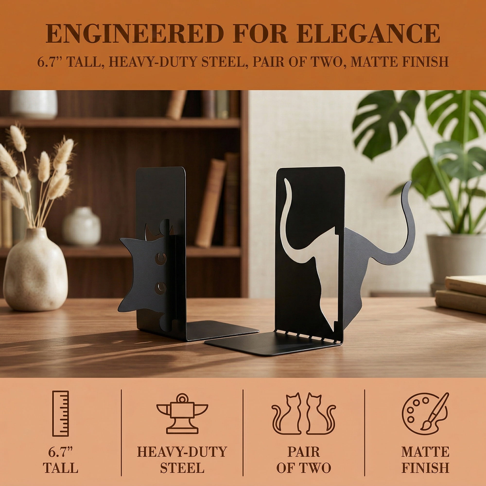 Unique Bargains 2Pcs Decorative Cartoon Metal Bookends Black Cat 4.7*3.6*6.7inch