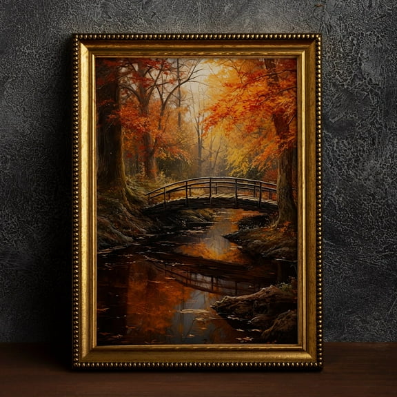 Autumn Forest Stream Bridge, Vintage Poster, Dark Academia, Classical Painting, Witchy Aesthetic, Cottagecore, Goblincore Wall Art, Modern Wall Decor, 8x12 UNFRAMED