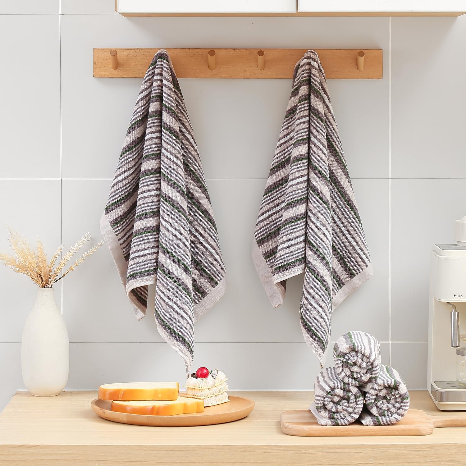 KitchenKey Premium Cotton Kitchen Dish Towels for Drying Dishes,Large Long Kitchen Hand Towels, Thick Highly Absorbent Dish Clothes Tea Towel Sets with Hanging Loop, 16" X 26", 4 Pcs, Gray and Green