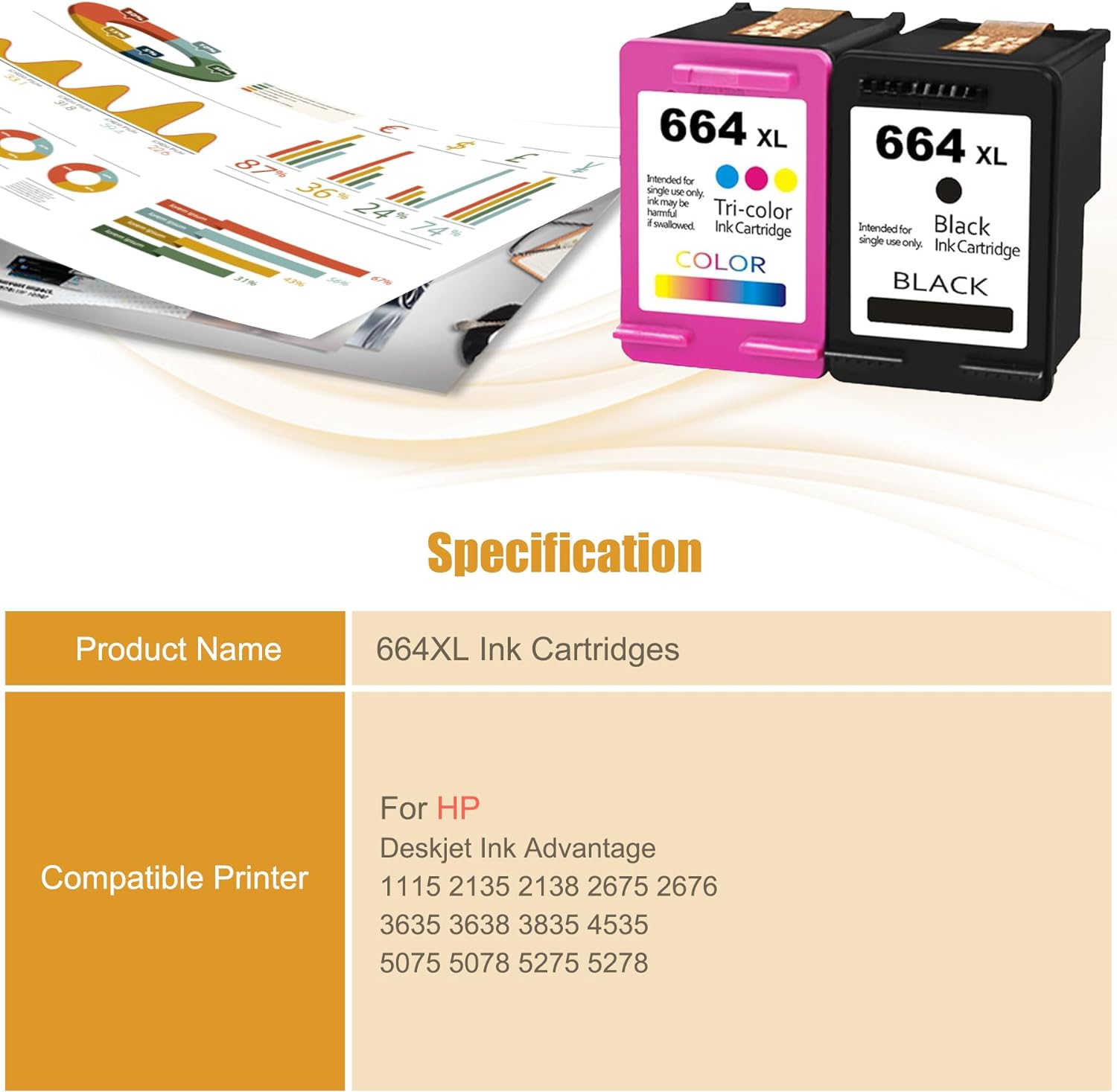 Remanufactured HP 664XL Tri-Color Ink Cartridge - 1 Pack - For Deskjet 1115, 2135, 3635, 4535 Series