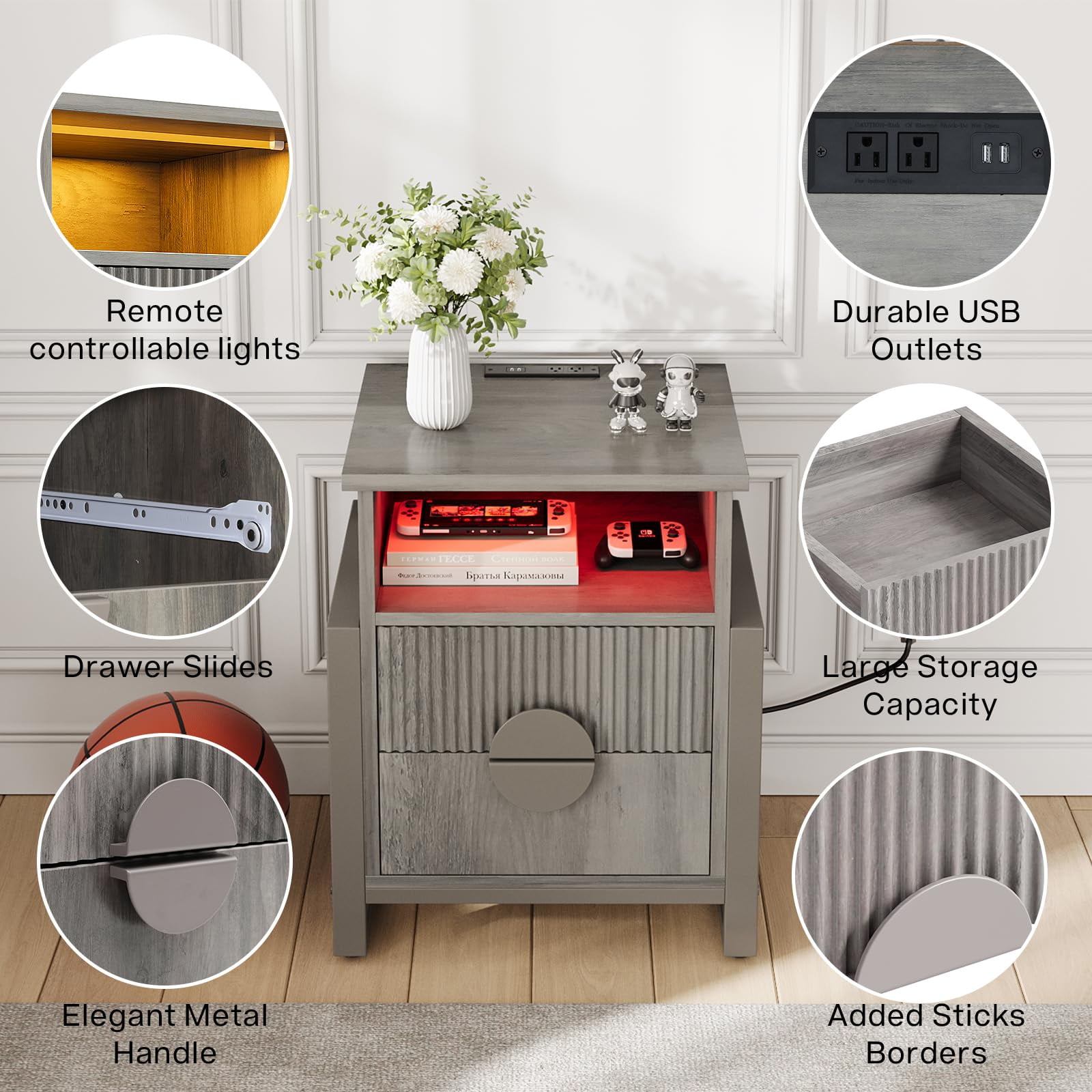 Modern Fluted 2-Drawer Dresser, Side table for Bedroom Living room, Borders H Metal Legs,Gray Wash