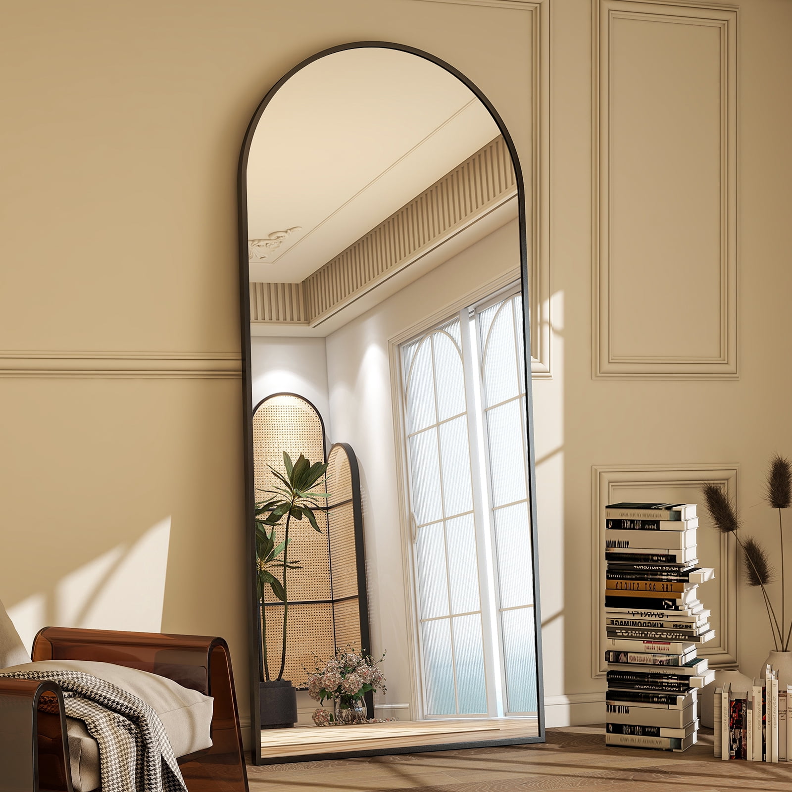 Easy4Home 71"x 30" Arch-Top Floor Mirror Metal Frame Free-Standing & Wall-Mounted, Black