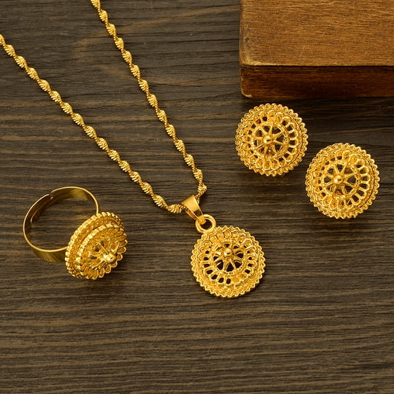 14K Yellow Gold Bridal Necklace Earrings ring set India Dubai Jewelry drop shaped jewelry set