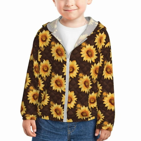 

Qekee Chocolate Plaid Sunflower A Print UPF 50+ Kids Sun-Protective Hooded Long Sleeve Rash Guard for Fishing Water Beach Sports -4 Years