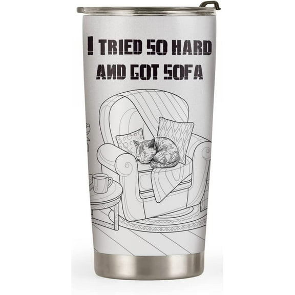 20oz I Tried so hard and got Sofa, Funny Coffee Thermos for Women, Coffee Gifts for Her, Cat Gifts for Cat Lover, Cool Gifts, Gag Gifts Cat Tumbler Cup, Insulated Travel Coffee Mug with Lid