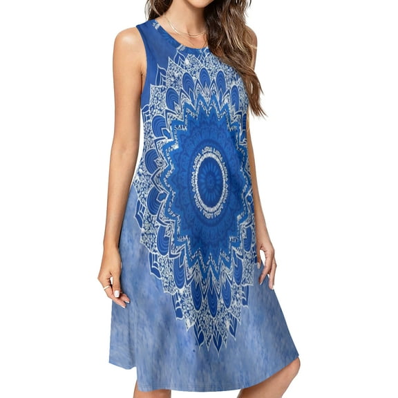 Blue circle floral mandala texture Spring Summer Dresses for Women Fashion T-shirt Dress Casual Sleeveless Loose Sundress with Pockets