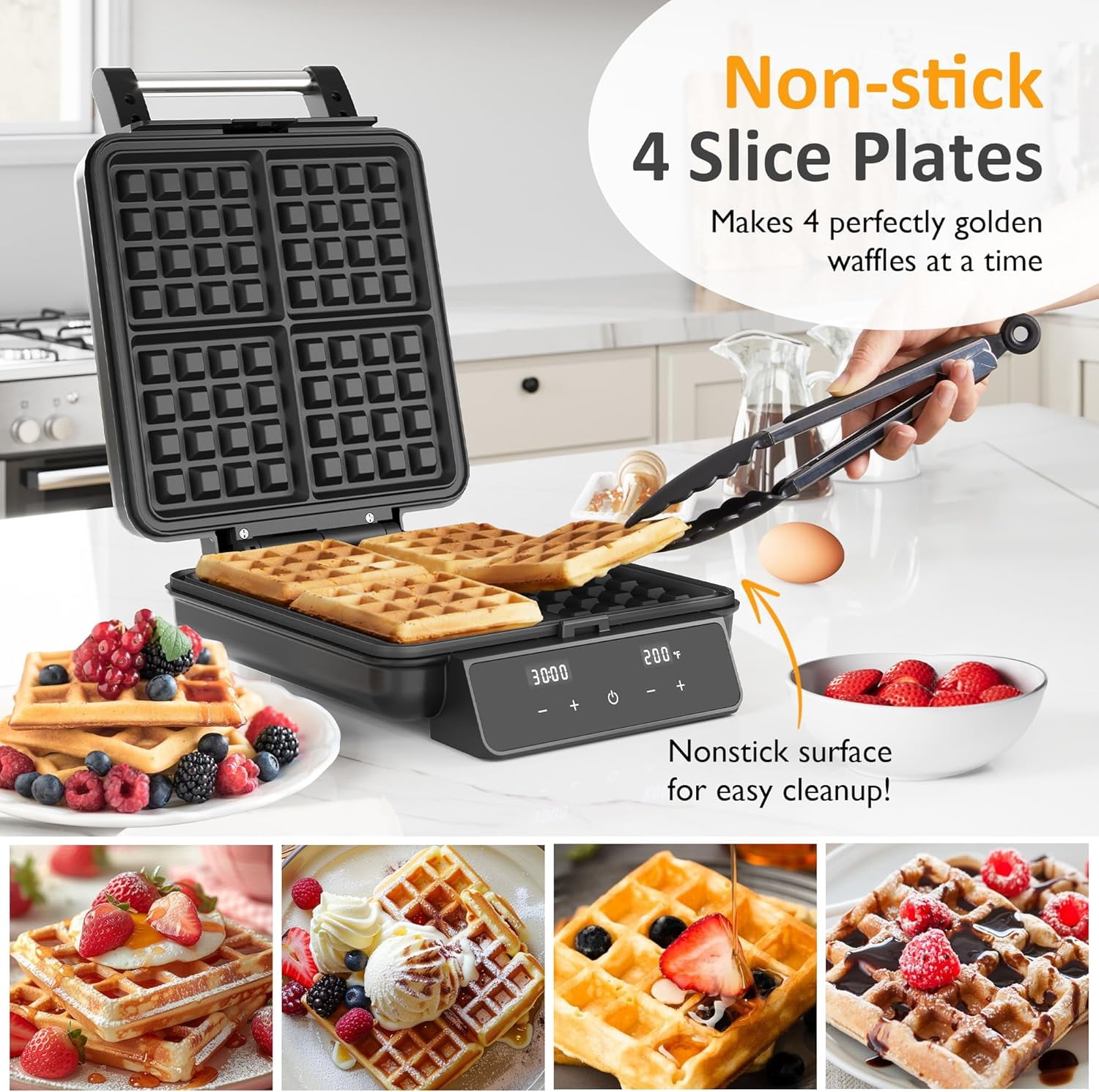 Waffle Maker 4 Slices with Quick Heat-,  & Temperature Control, LCD Display, Nonstick Surface, Stainless Steel, Perfect for Kids and Families