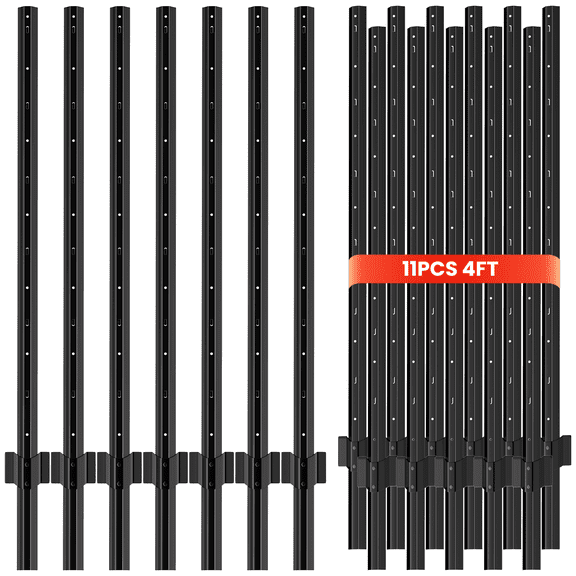 11 Pack Metal Fence Posts, 4 FT Garden Fence Post, T Post for Wire Fence, No Dig Steel U Post Fencing, Black Garden Stakes for Temporary Fencing, Electric Fence Wire, Corner Anchor