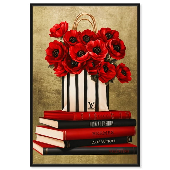 Fancy Red and Black Bag and Books Canvas Fashion Illustration by Art Remedy, Black Frame, 10" x 15"