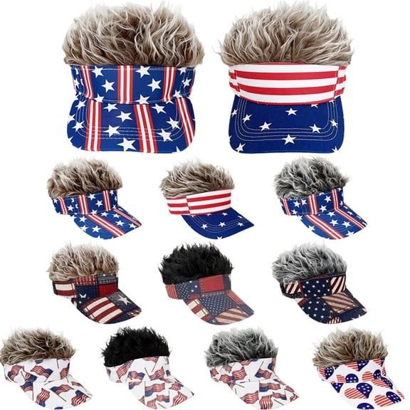 U.S. 250th Anniversary Mens Visor Cap Wig Adjustable Baseball Cap Golf Hats with Fake Hair Stars And Stripes Visors with Faux Fur Wig Tops and Adjustable Back A