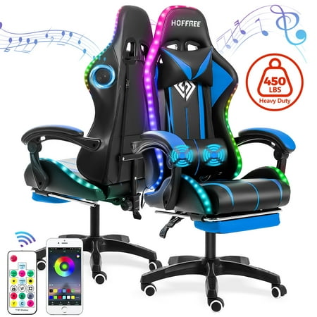Hoffree RGB Gaming Chair with Bluetooth Speakers and LED Lights Ergonomic Massage Computer Game Chair with Footrest High Back Music Video Game Chair with Lumbar Support