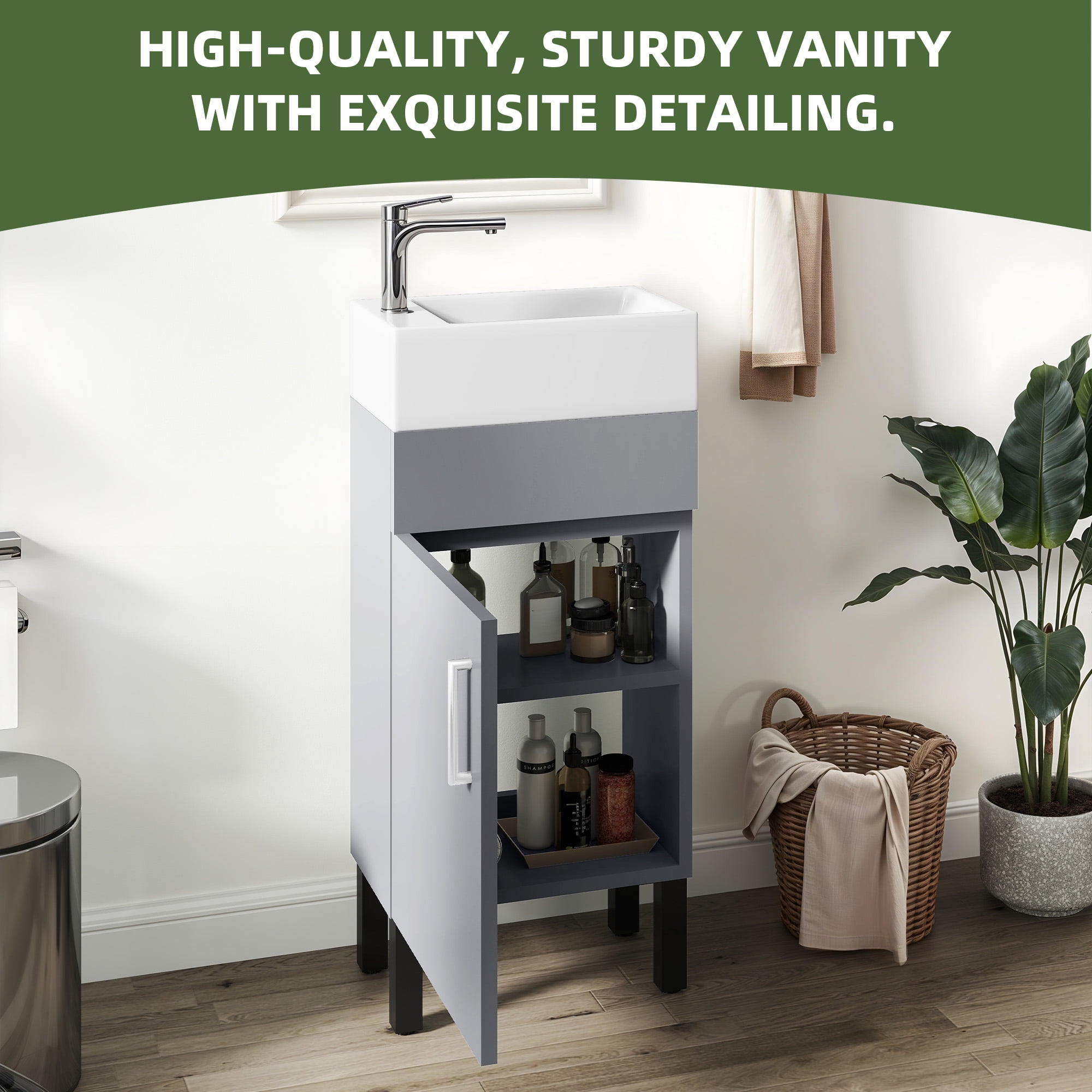 Uforic 16" Bathroom Vanity with Top Sink, Modern Free Standing Small Bathroom Storage Cabinet with Soft Close Door, Gray