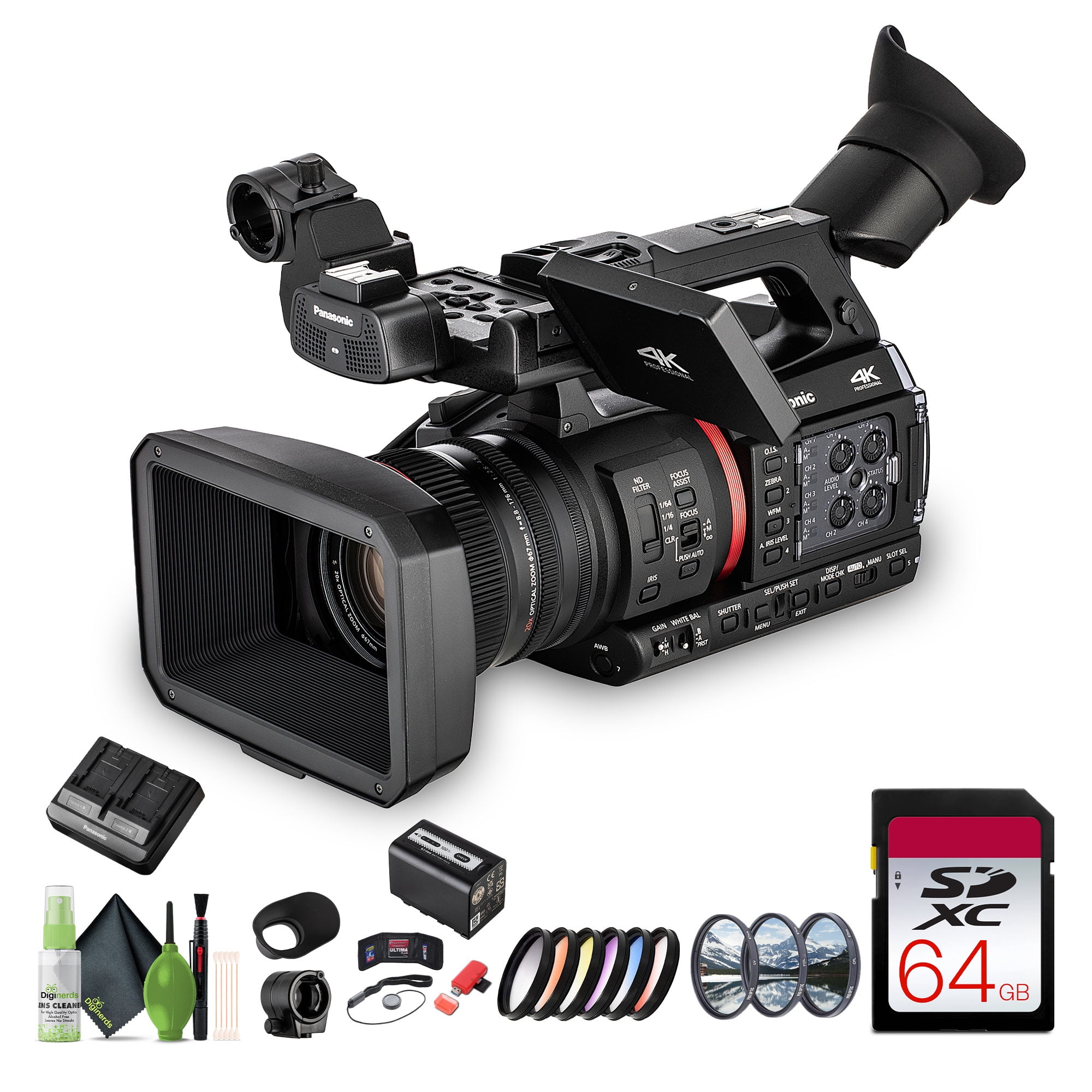 Panasonic AG-CX370 UHD 4K Pro Live Streaming Camcorder with NDI HX2 and Auto-Tracking Bundle With 64GB Memory Card + 67mm 3 Piece Filter Kit + Graduated Color Multicoated Filter Set + More