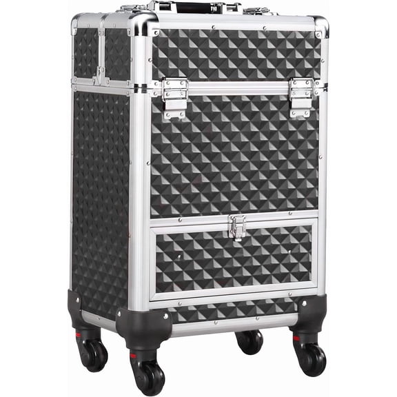 CZMJY Rolling Makeup Train Case Aluminum Cosmetic Case with Wheels Barber Case Salon Lockable Travel Trolley with Sliding Drawers Removable Divider, Black/Silver