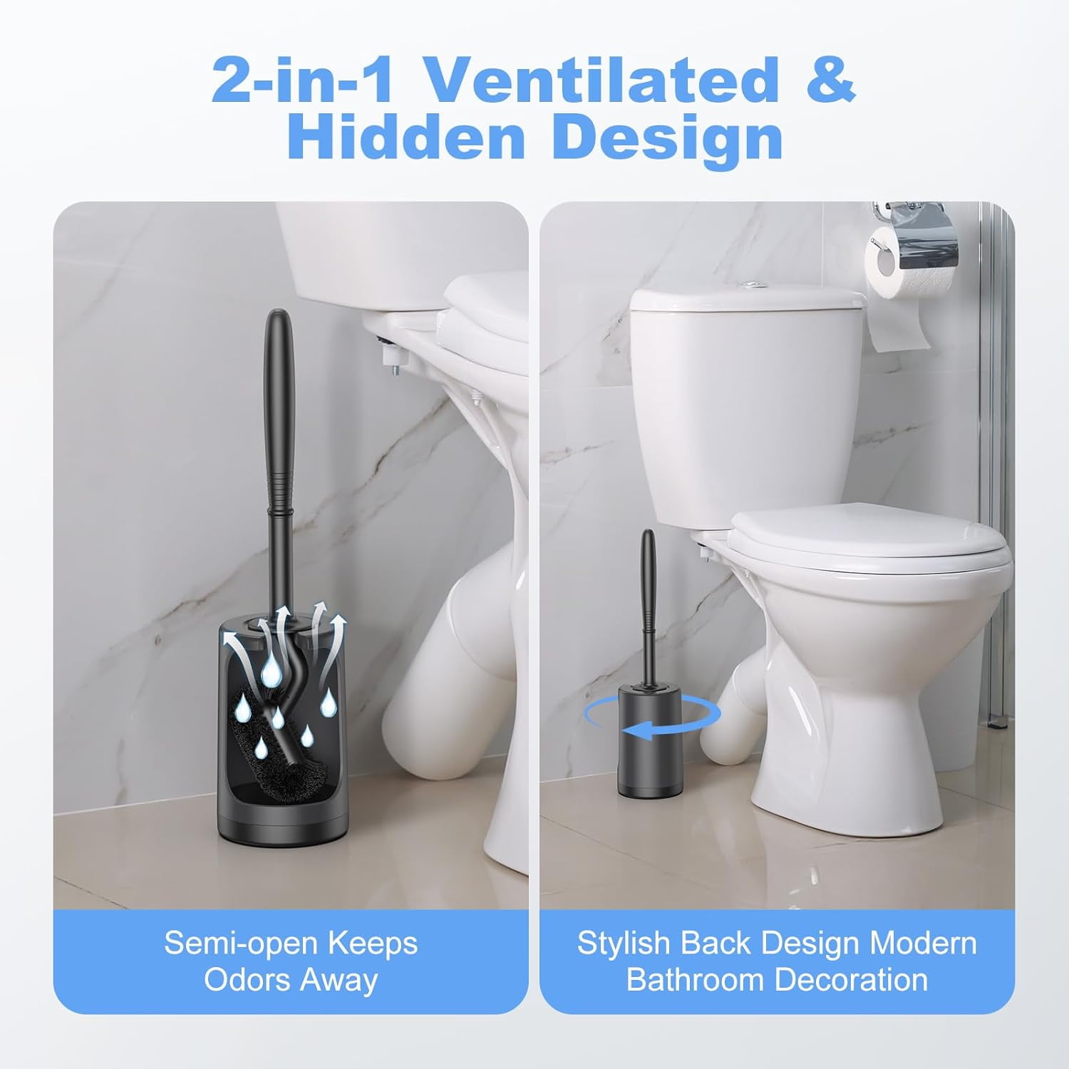 Toilet Bowl Brush Holder Set: Curved Design with Holder for Deep Cleaning Under Rim - Compact Hidden Scrubber for Small Space - Modern RV Bathroom Accessories - Black