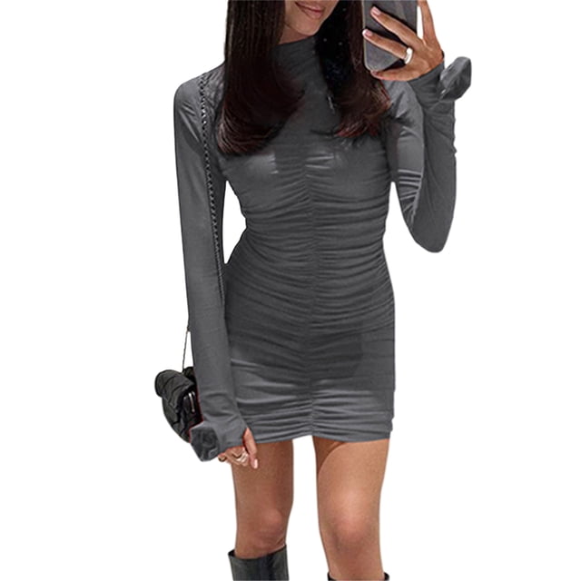 Diconna Robe Courte Garçon pour Femmes, Fleur 3D, Manches Longues, Col Ras du Cou, Couleur Unie, Mini-Robe, Robe de Sortie