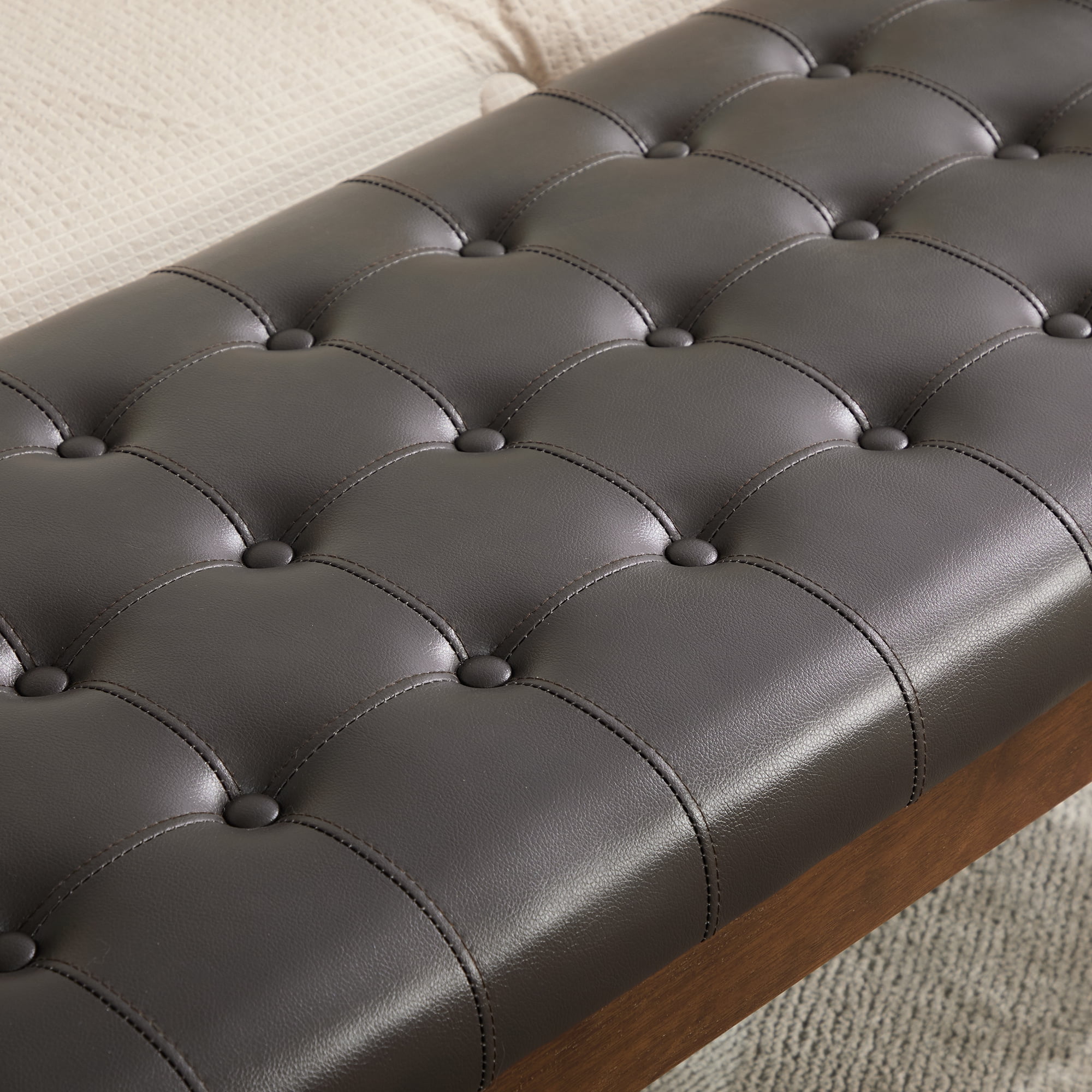 Upholstered Bed Bench 66 Inch, Button Tufted Faux Leather Bench with Dark Walnut Legs, End of Bed Bench for Bedroom and Entryway, Coffee