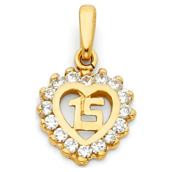 14k Yellow Gold Clear CZ Charming Heart 15 Years Anniversary Charm Pendant Jewelry Female