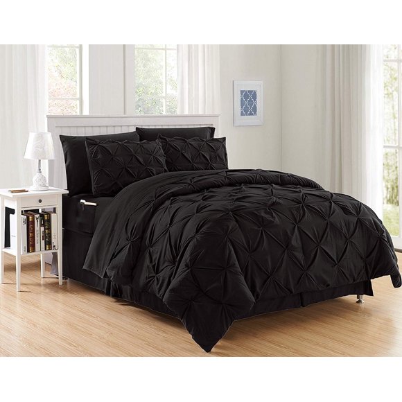 Mocassi Luxury 8-Piece Pinch Pleated Comforter Set - Soft and Cozy Bedding Set with Double-Sided Storage Pockets - Silky Black Comforter, Full/Queen Size