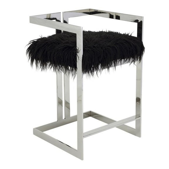 Pemberly Row 23.6" Stainless Steel & Faux Fur Counter Stool in Black