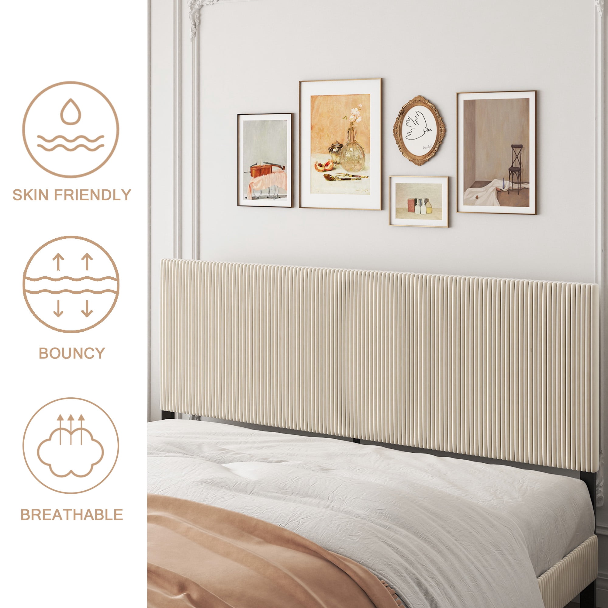 Miniyam King Bed Frame with Upholstered Headboard, Metal Platform Bed, Beige