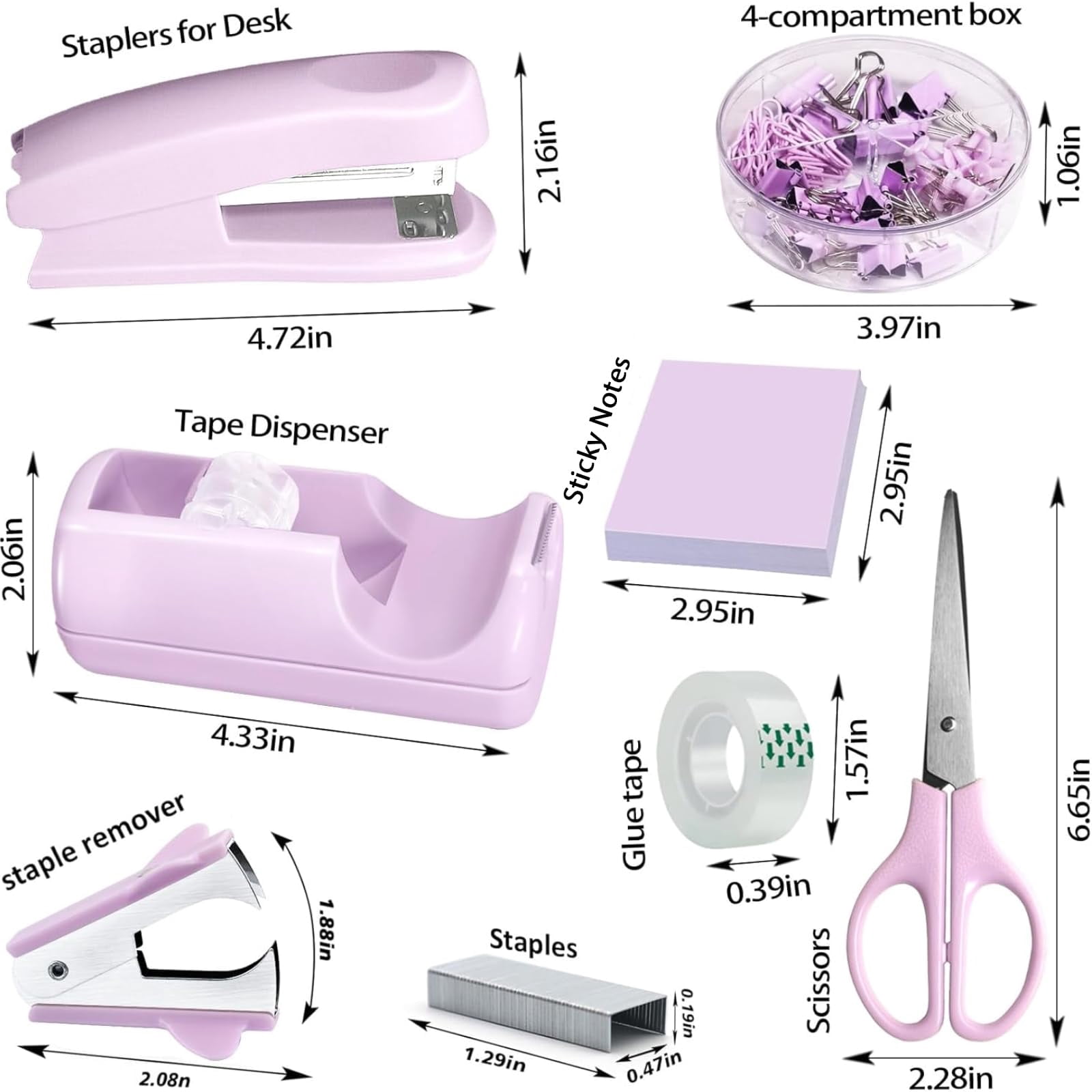 Purple Office Desk Accessories Supplies Set Stapler And Tape Dispenser Staple Remover  Staples Paper Clips Scissor Sticky Note Drawer Organizer