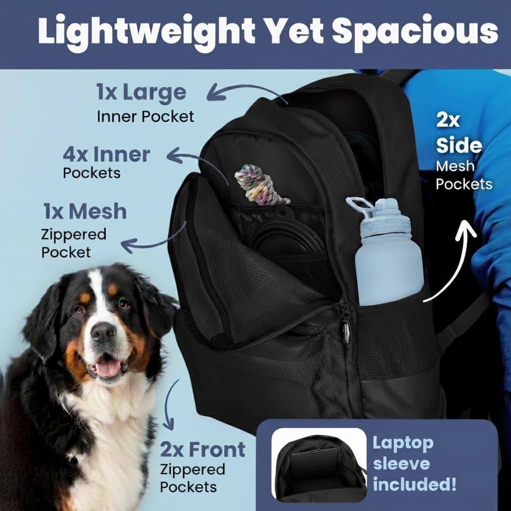 Dog Travel Bag for Supplies - Backpack with 2 Collapsible Dog Bowls, Food Bag, Treat Pouch: Black