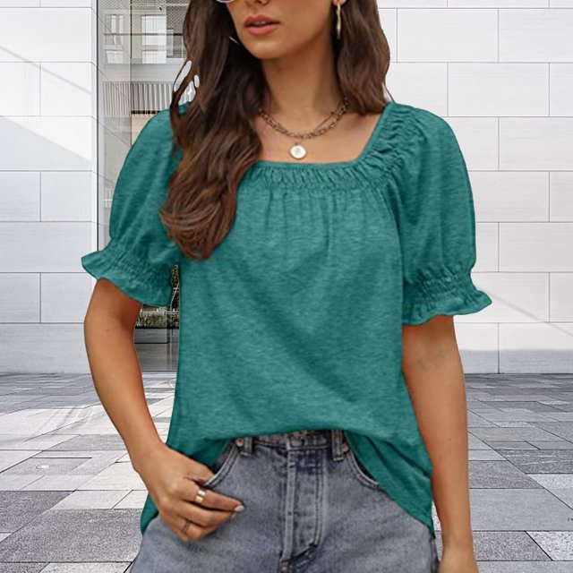 Camisetas De Mujer Camiseta de verano para mujer, camisetas casuales sueltas con cuello cuadrado para fiesta (verde retro M) Cgtredaw Para estrenar