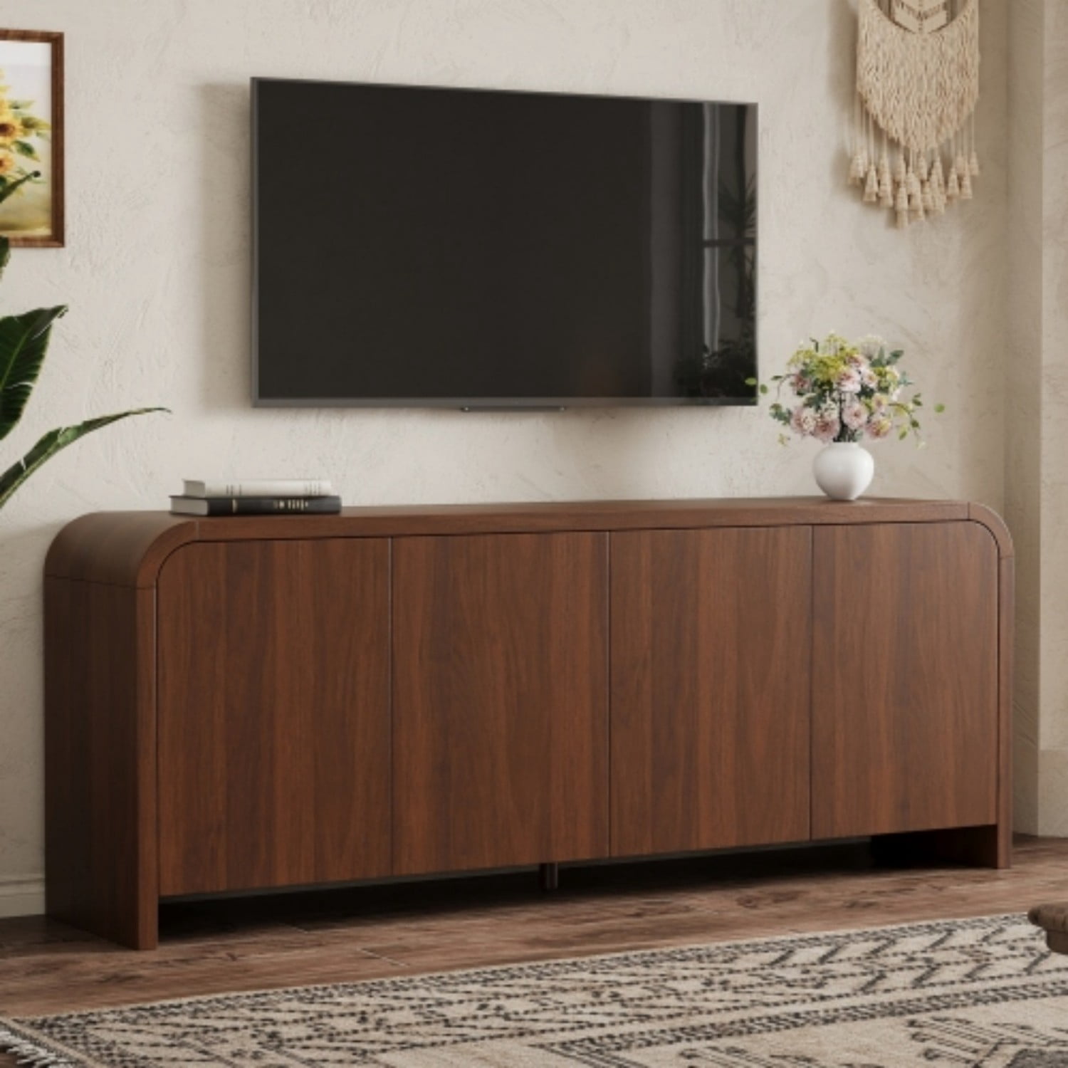 Farmhouse Curved Edge TV Stand for 70 Inch TV, Mid Century Modern Wood Grain Media Console with Adjustable Shelves, Cabinets & Cable Management for Living Room, Walnut