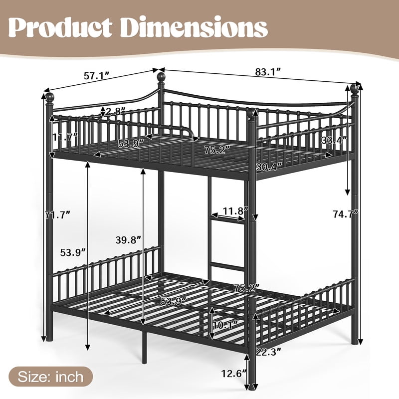 Full over Full Metal Bunk Bed with Curved Guardrail, Round Tube Bedpost Detachable Bed Frame for Kids, Teens & Adults