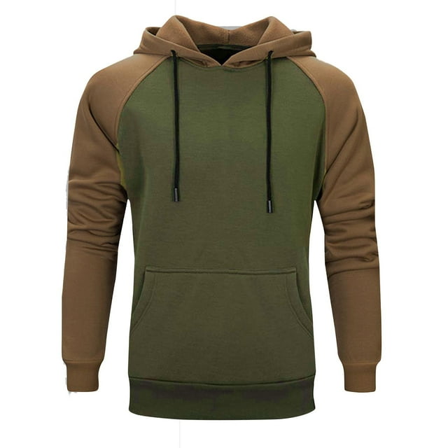 Men Hoodies Color Block Patchwork Blend Fleece Pullover Kanga Pocket Sweatshirts