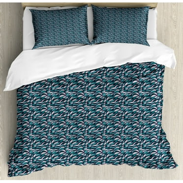 Abstract Queen Size Duvet Cover Set, Pattern with Joining Lines Tangled Curly Ornament with Contemporary Design, Decorative 3 Piece Bedding Set with 2 Pillow Shams, Teal Violet White, by Ambesonne