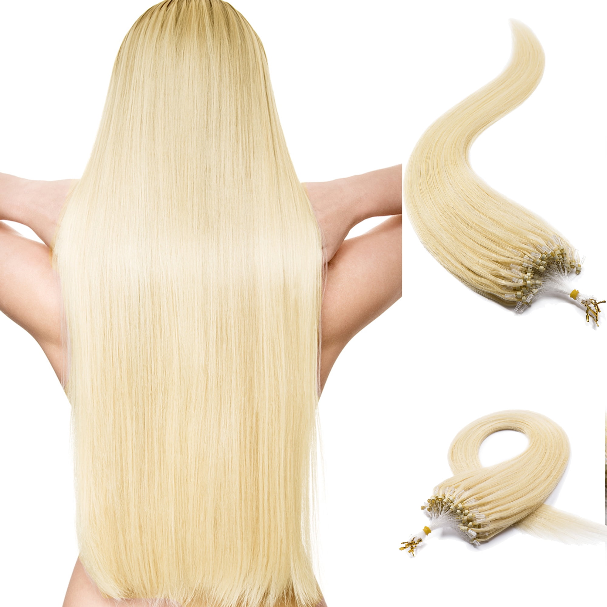 MY-LADY 100% Human Hair Extensions Remy Real Natural Hair Hairpiece Mirco  Ring Tubes Hair Thick Micro Loop Extensions Hair for Women 16inch #613  Bleach Blonde 