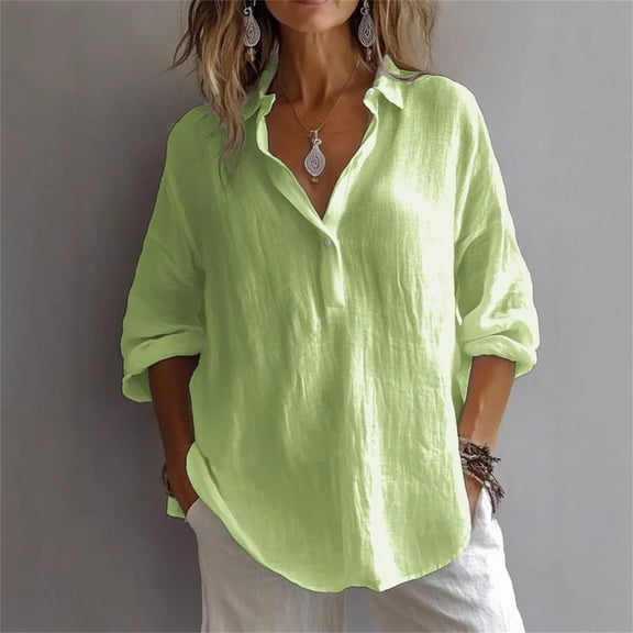 Bovemsi Women's Solid Color Cotton and Linen Casual Shirt Loose Long Sleeve Linen V Neck Shirt T Shirt, Green Women's Summer Shirts, L