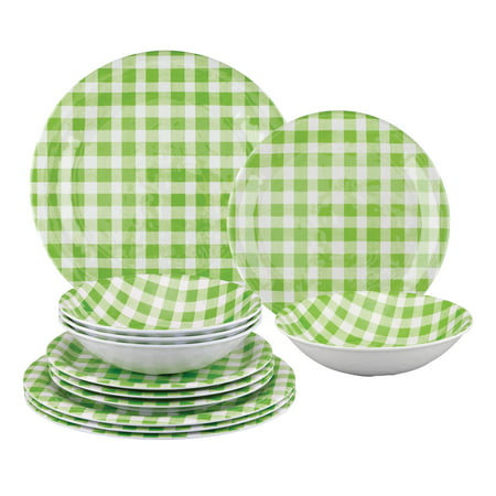

Gourmet Art 12-Piece Melamine Dinnerware Set Includes Dinner Plates Salad Plates Bowls Service for 4. (Green Gingham)
