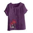 thumbnail image 4 of Aqestyerly Haut à Manches Courtes en Solde, T-Shirt Décontracté en Lin à Col Rond Imprimé pour Femmes, Blouse à Boutons pour Looks Polyvalents/violet(L), 4 of 4