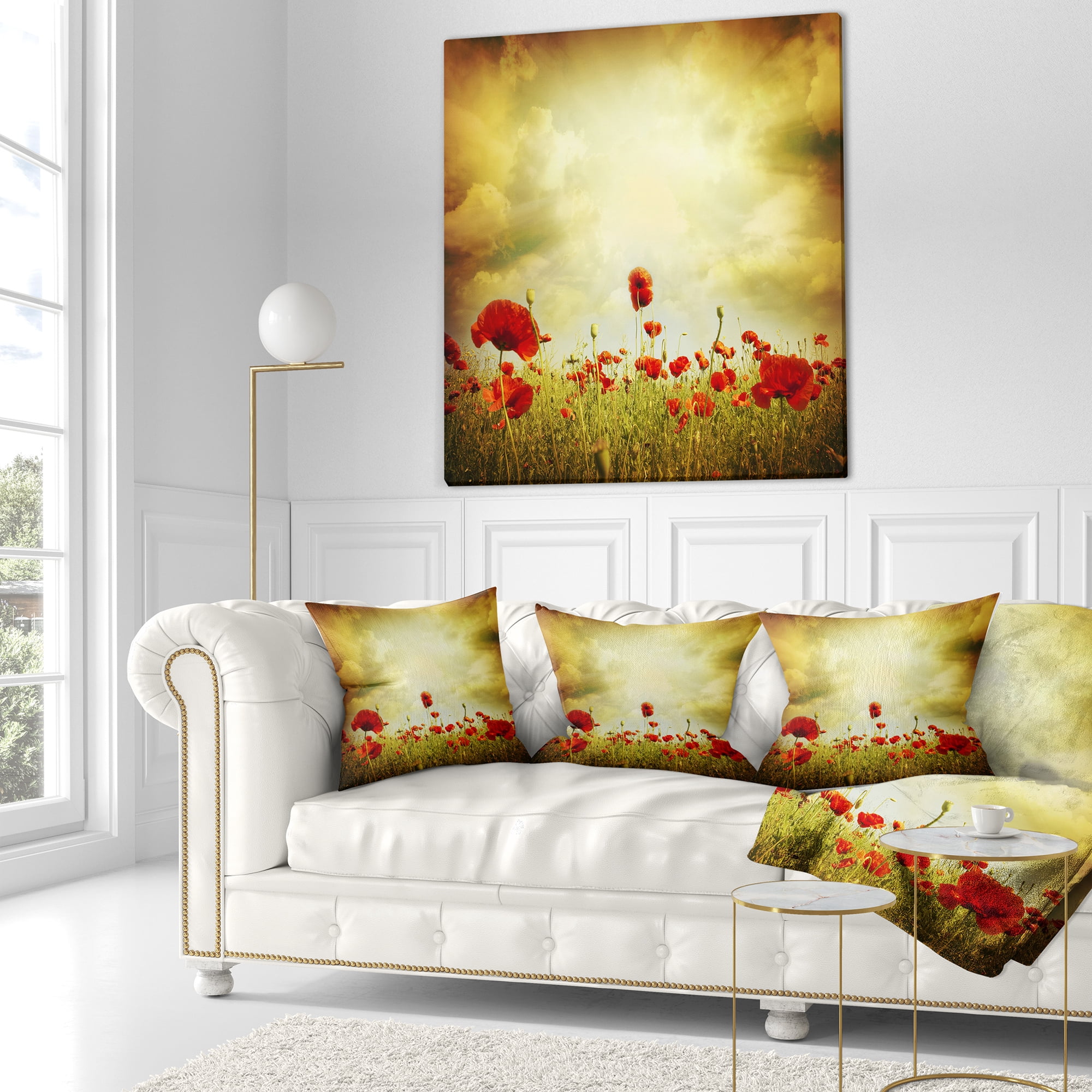 Designart Red Poppies on Grunge Background - Floral Throw Pillow - 16x16